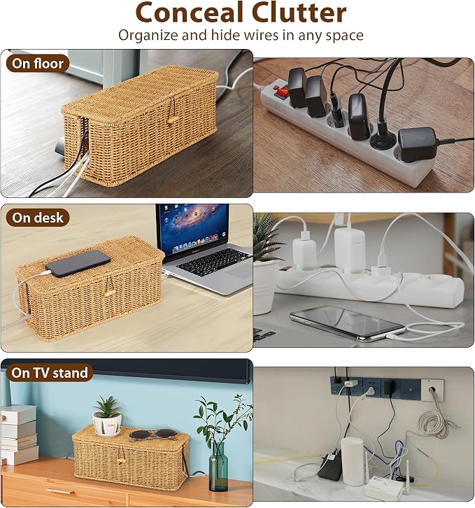 Cable Management Box, Handwoven Faux Rattan Cord Organizer - Image 3
