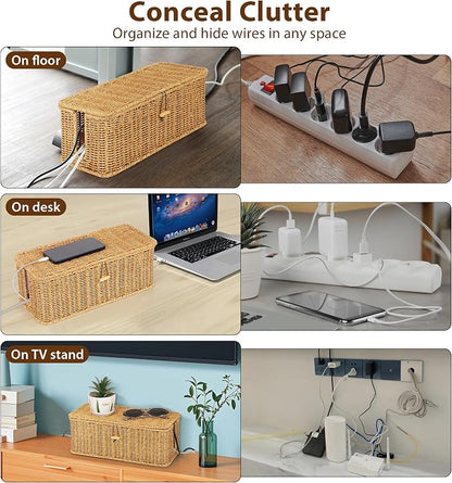 Cable Management Box, Handwoven Faux Rattan Cord Organizer - Image 3