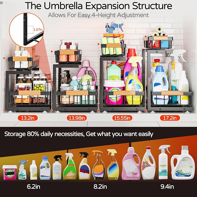 ADBIU Under Sink Organizer, 2 Pack 2 Tier Expandable Height Pull out Kitchen - Image 4