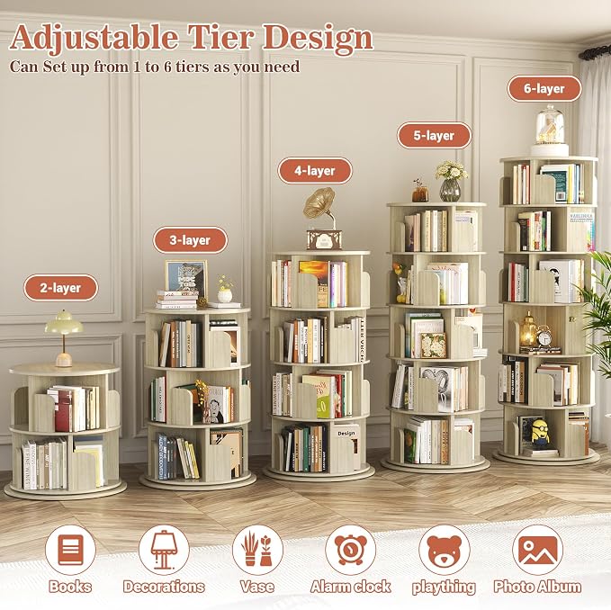 Aheaplus 6 Tier Rotating Bookshelf, Wood Spinning Bookshelf Tower, Round - Image 6