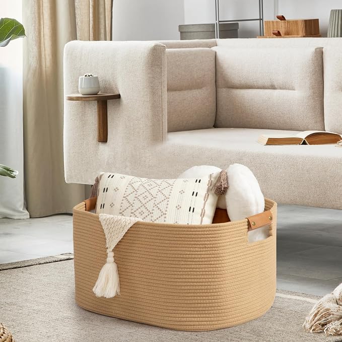 danpinera Large Blanket Basket for Living Room, 72 L Woven Cotton Rope Baskets - Image 4