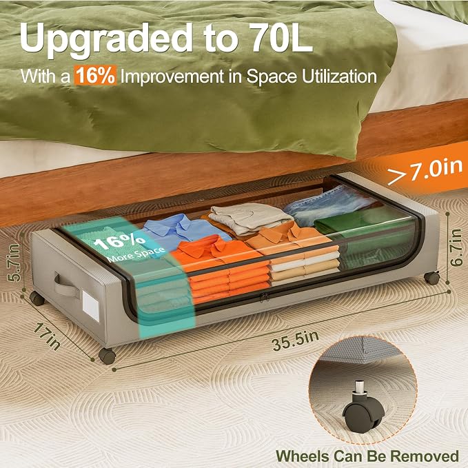 GoMaihe Under Bed Storage with Wheels: 70L Underbed Storage Containers with Lids - Image 2