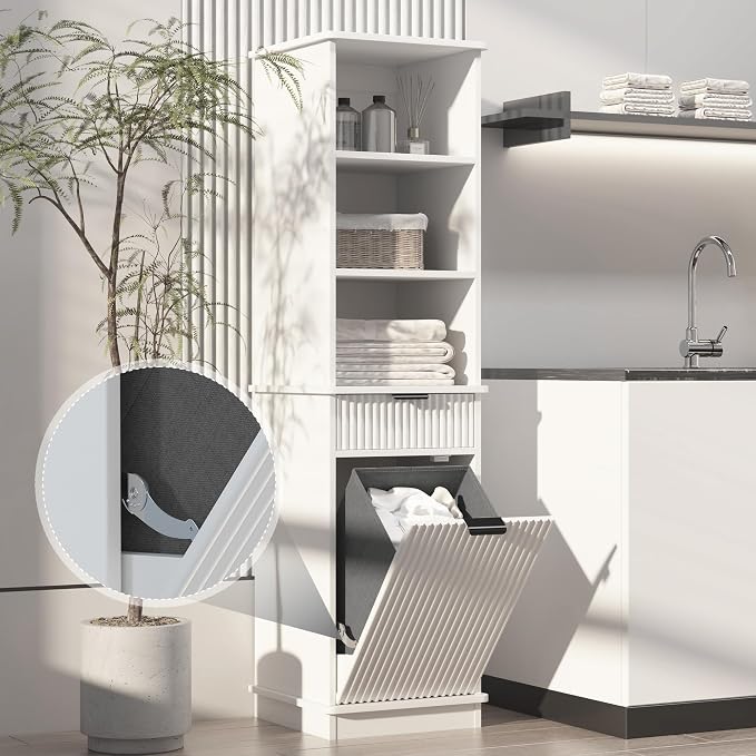 White Tilt Out Laundry Hamper Tall Bathroom Storage Cabinet Hidden Laundry - Image 4
