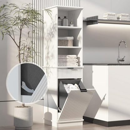 White Tilt Out Laundry Hamper Tall Bathroom Storage Cabinet Hidden Laundry - Image 4