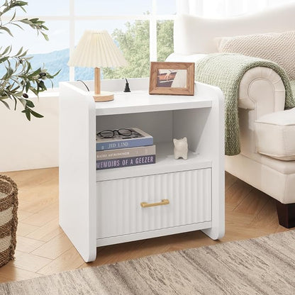 Night Stand with Charger Station, Fluted Wood Nightstand with Drawer Storage - Image 5