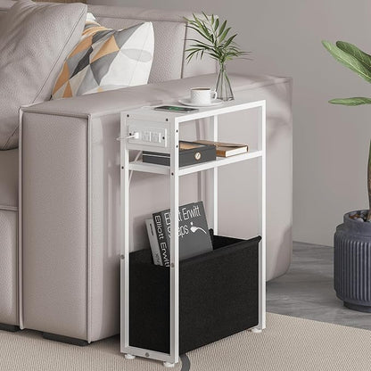 White Side Table with Charging Station, Slim End Tables with Fabric Basket by Leomonio