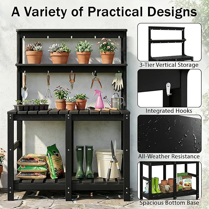 Outdoor Potting Bench with 3 Tier, All-Weather Patio Potting Table with Tool - Image 3