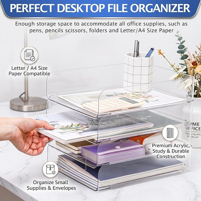 CiWiVOKi 4 Trays Paper Organizer Letter Tray, Acrylic Clear PET Desk File - Image 5