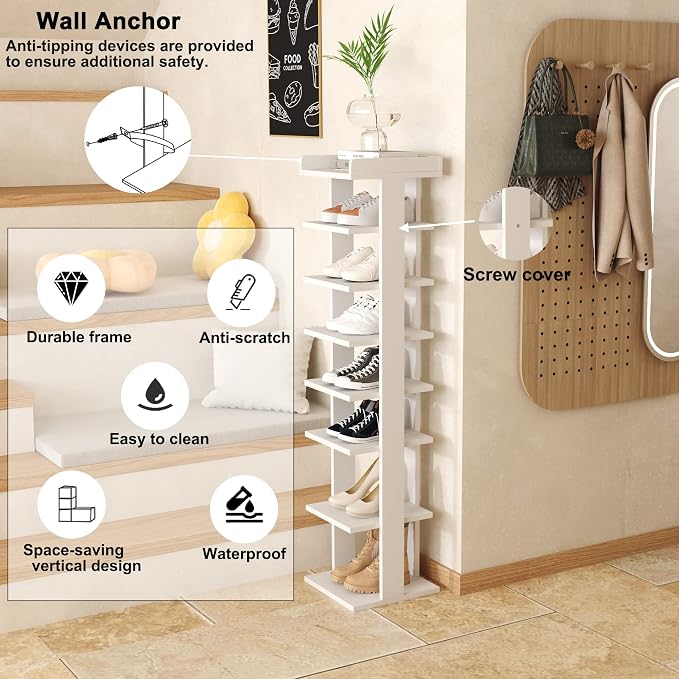 HOMEFORT 7-Tier Wood Shoe Rack, Entryway Shoe Tower, Vertical Shoe Organizer - Image 5