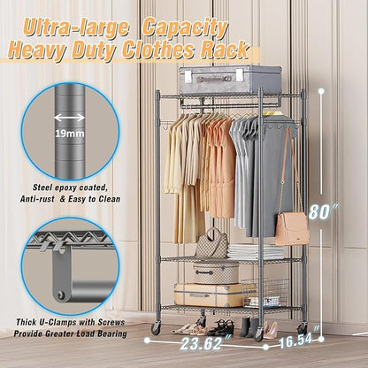 Homdox Garment Rack Heavy Duty, 3 Tier Rolling Clothing Racks - Image 3