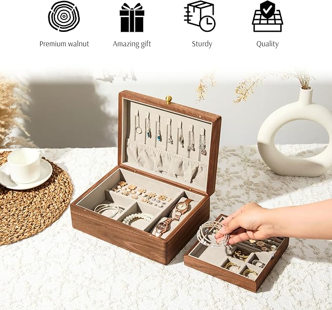 Wooden Jewelry Box, Two Layer Medium Size Real Natural Solid Walnut Wood - Image 2