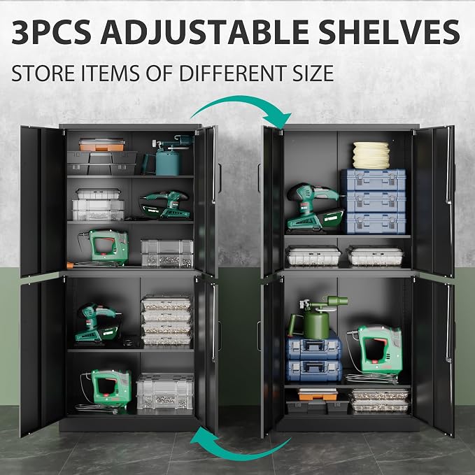 Metal Storage Cabinet with 3 Adjustable Shelves and 4 Doors, Steel Tool Cabinets - Image 4