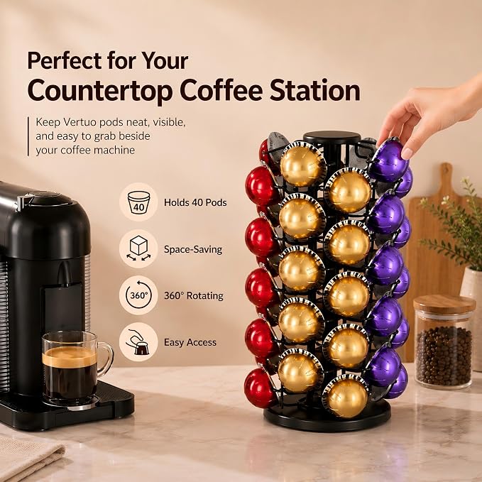 Nespresso Vertuo Pod Carousel Holder, 40 Pod Rotating Tower Organizer, 360° - Image 4