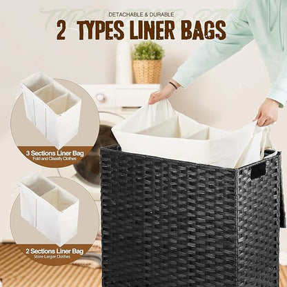 Greenstell Laundry Hamper with Lid, 125L Large Clothes Hamper with 3 Section & - Image 3
