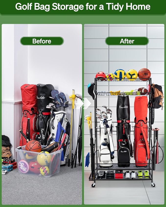 Golf Bag Storage Garage Organizer, 3 Golf Bag Stand and Sports Equipment - Image 4