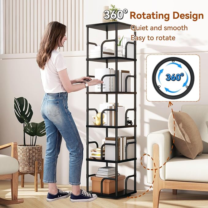 IBUYKE 6 Tier Rotating Bookshelf, Square Bookcases - Image 4