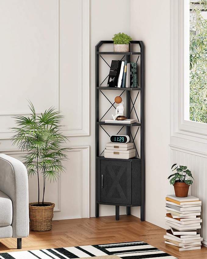 62.2" Corner Shelf with Cabinet, 4-Tier Tall Corner Bookshelf with X-Shaped and - Image 5