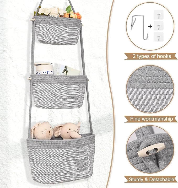 Hanging Basket, 3-Tier Woven Wall Basket - Image 6