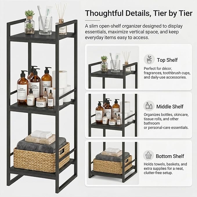 BYFU 3 Tier Bathroom Storage Open Shelf Black Metal Corner Storage Rack | 33.5" - Image 6