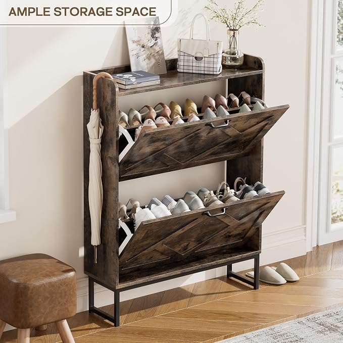 Nicetree Shoe Cabinet with 2 Flip Drawers, Entryway Organizer, Chestnut | Slim - Image 7