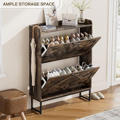 Nicetree Shoe Cabinet with 2 Flip Drawers, Entryway Organizer, Chestnut | Slim - Image 7
