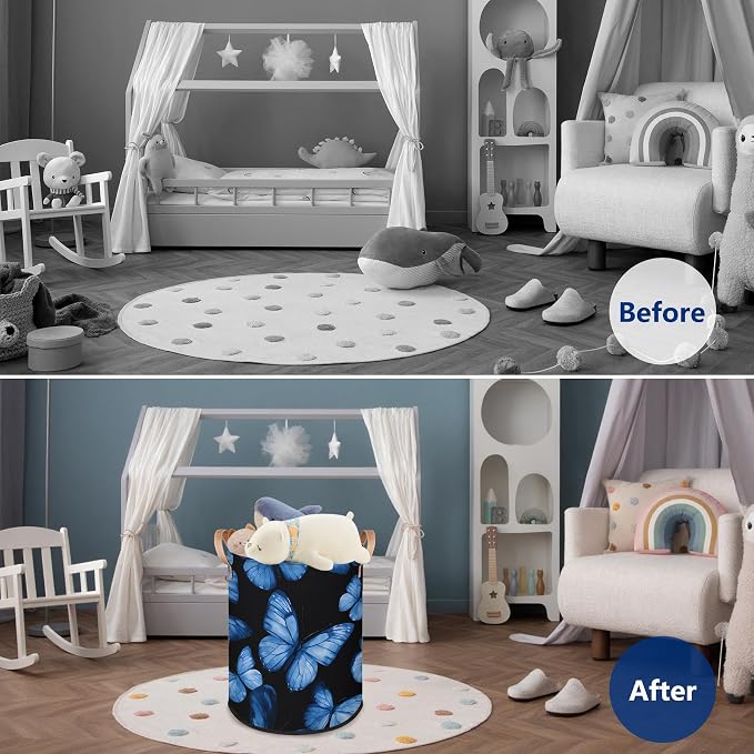 Foldable Laundry Hamper with Elegant Blue Butterfly Pattern - Image 4