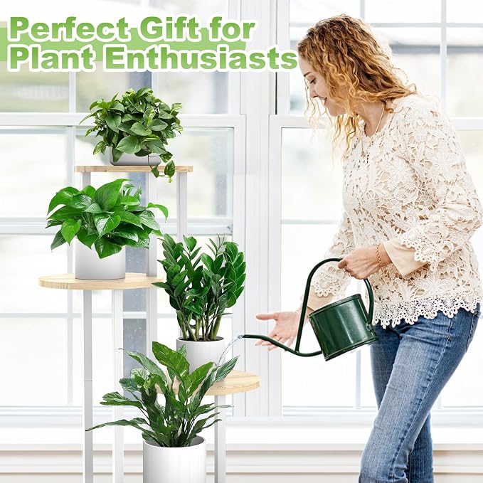 5 Tier Wood Tall Plant Stand Metal Rack Indoor, Round Planter Shelf Display - Image 5