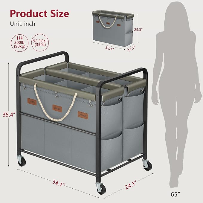 Tajsoon 350L Extra Large Laundry Cart 6 Section, Heavy Duty Laundry Sorter - Image 8