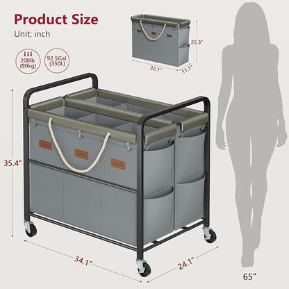 Tajsoon 350L Extra Large Laundry Cart 6 Section, Heavy Duty Laundry Sorter - Image 8
