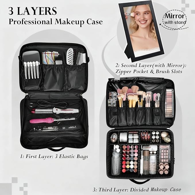 Adazzo Large Makeup Bag, 3 Layers 17” Makeup Case Organizer - Image 2