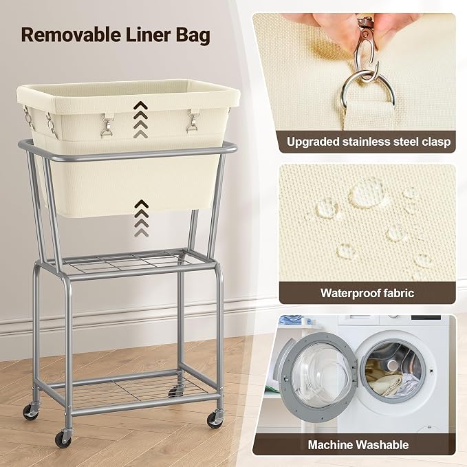 ELYKEN Laundry Cart with Wheels, Rolling Laundry Hamper with Removable Bag and - Image 5