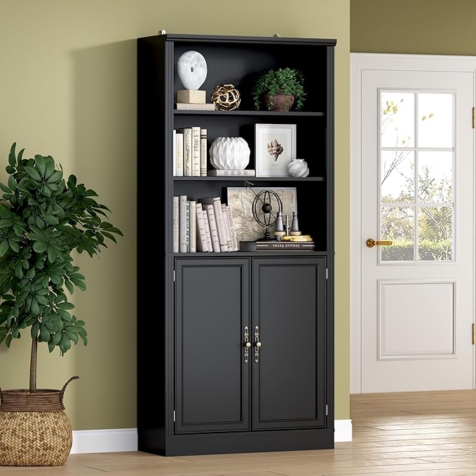 71.4" Tall Bookshelf with Cabinet, 5-Tier Floor Standing Bookcase with Doors & by BORNOON