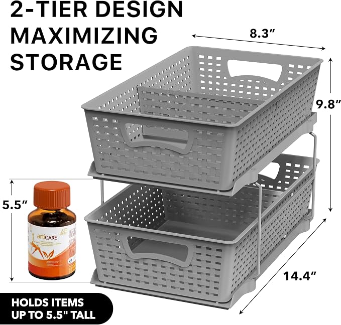Simple Houseware 2 Tier Bathroom Organizer Tray Pull-Out Sliding Drawer - Image 2