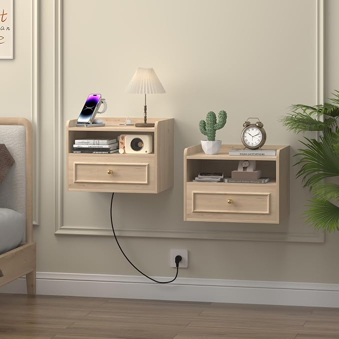 Floating Nightstand with Charging Station Set of 2, Modern Wall Mounted Bedside - Image 8
