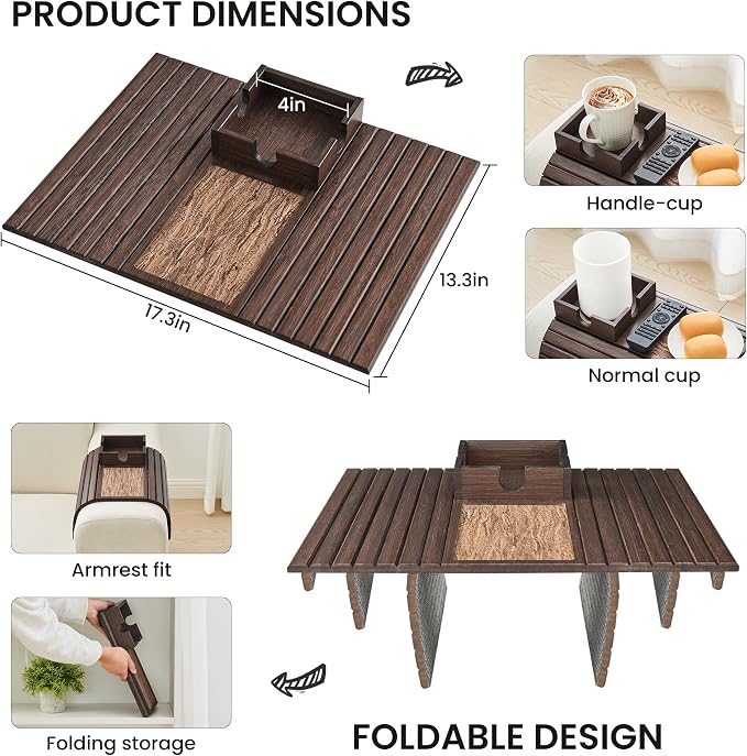 Bamboo Sofa Arm Tray Table, Foldable Couch Cup Holder, Anti-Slip Wide Couch Arm - Image 7