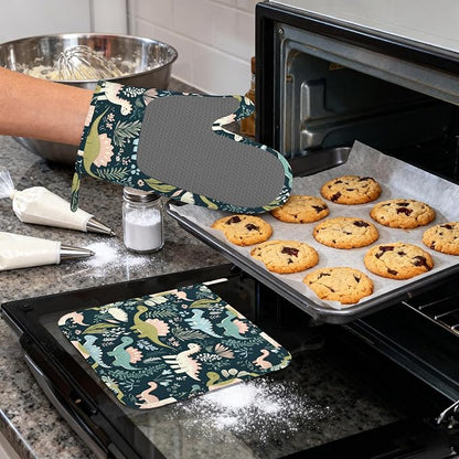Cute Dinosaur Heat-Resistant Silicone Oven Mitts and Pot Holders 4 Piece Set - Image 4