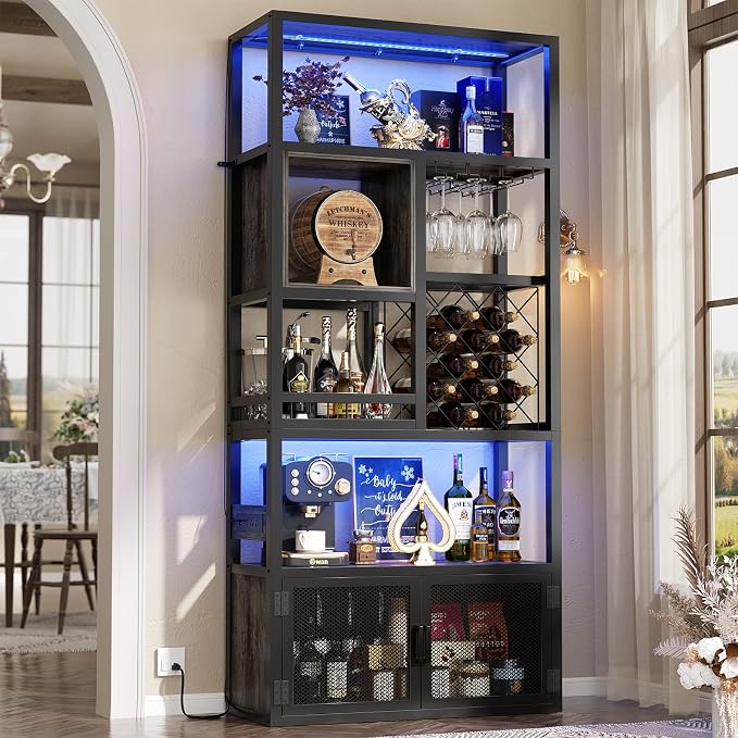 82.6" Tall Bar Cabinet with Power Outlets, 6-Tiers Reversible Wine Cabinet with - Image 2