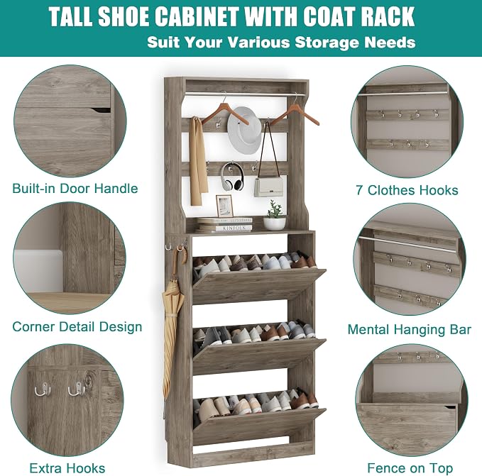 Shoe Cabinet for Entryway with 3 Flip Drawers, Narrow Hidden Slim Freestanding - Image 6