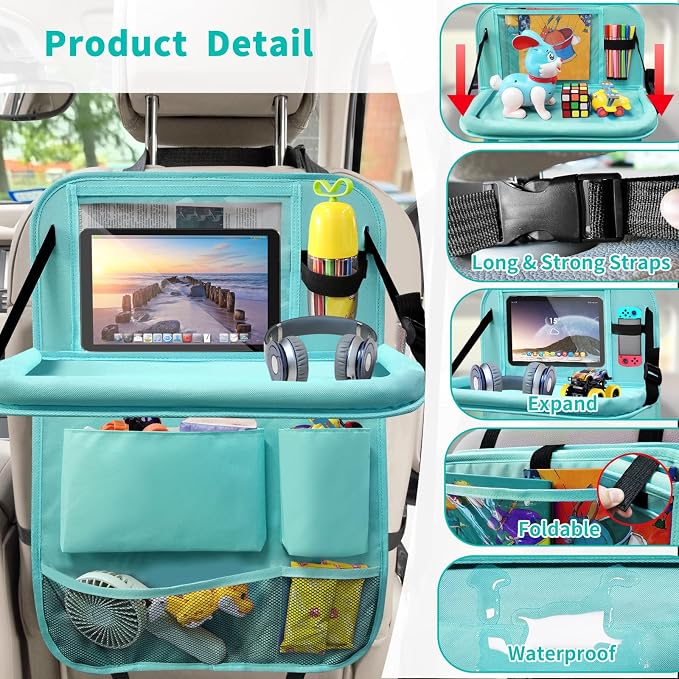 Car Backseat Organizer with Tray, Seat Back Table Holder with 6 Storage Pockets - Image 3