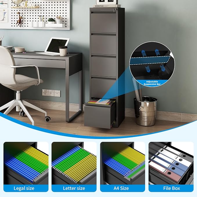 5 Drawer File Cabinet with Lock, Metal Vertical Filing Cabinet - Image 5