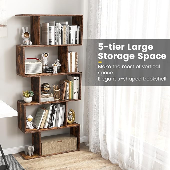 5-Tier Geometric Bookcase, 62.5” Freestanding Room Divider Bookshelf - Image 6