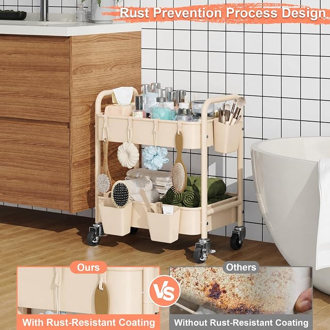 Beige 2 Tiered Small Rolling Cart on Wheels, Diaper Caddy Bedside Cart - Image 7