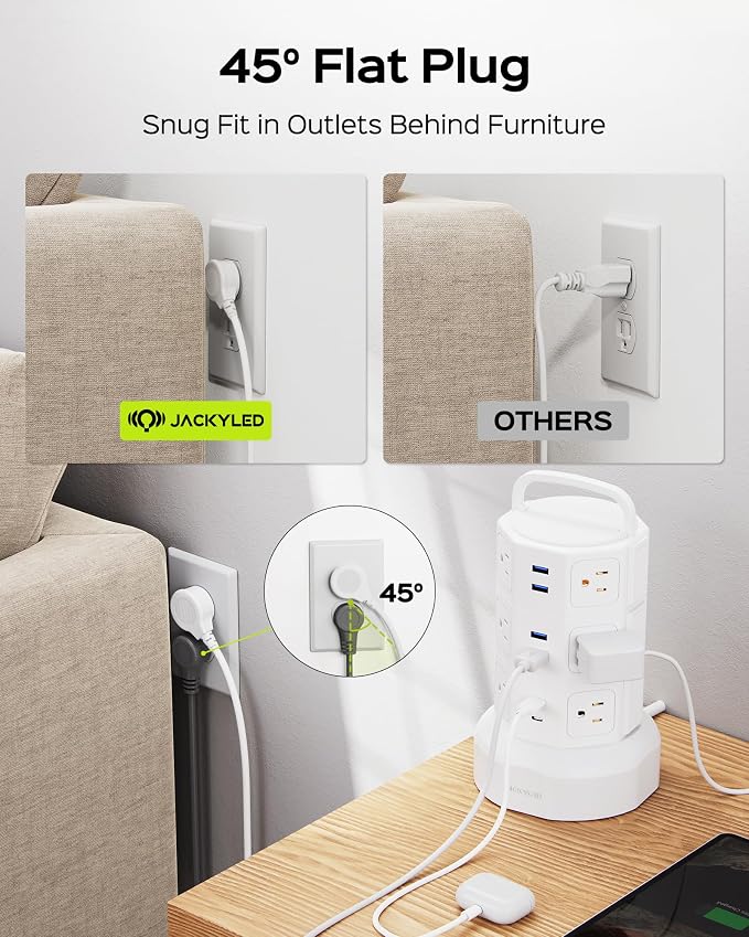 Power Strip Tower Surge Protector, JACKYLED 12 Outlets 6 USB Charging Station - Image 6