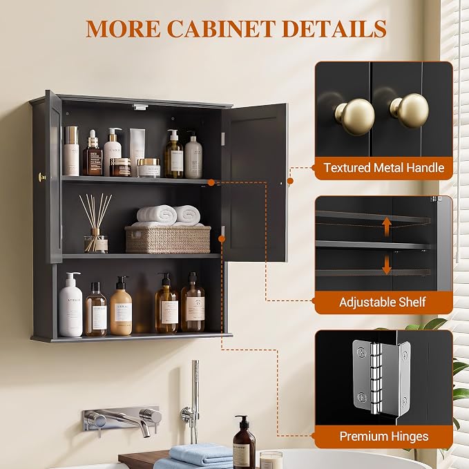 Bathroom Wall Cabinet, Over Toilet Storage Hanging Cabinet Adjustable Shelves - Image 3