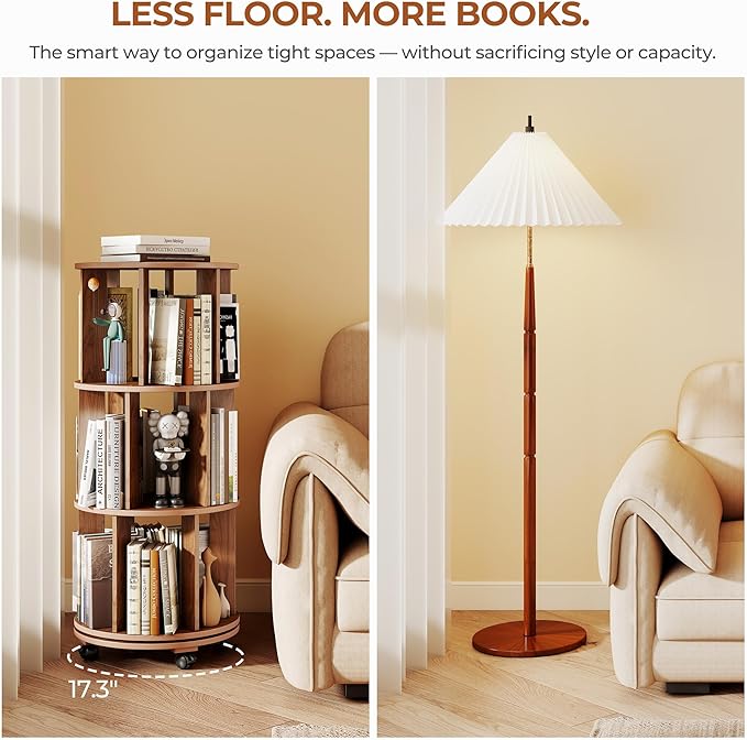 3-Tier Rotating Bookshelf on Wheels, 360° Spinning Bookshelf Tower, Round - Image 6