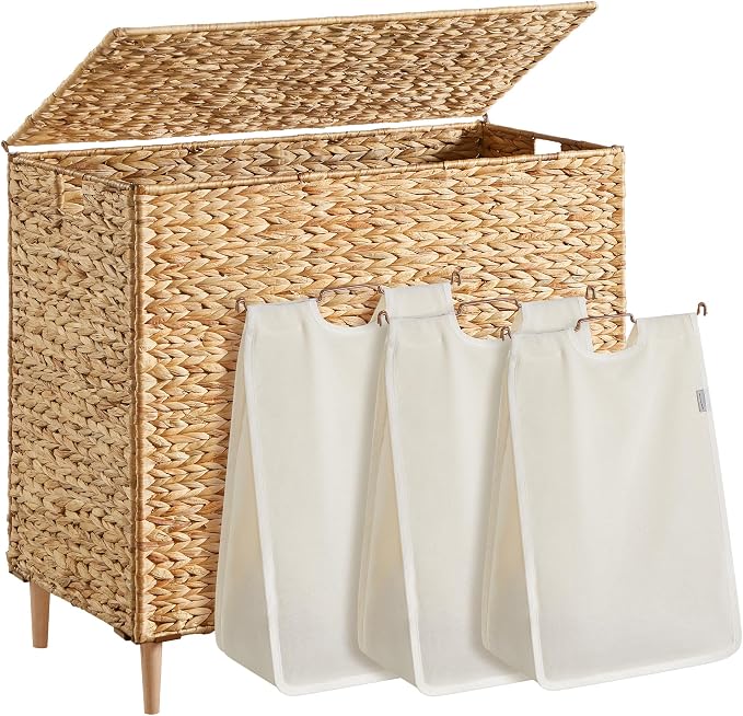 SONGMICS Laundry Hamper 3 Sections, 47.5 Gal. Handwoven Water Hyacinth Wicker by Unknown