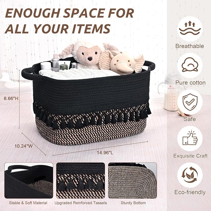 2 Pack Storage Basket for Shelves, Boho Cotton Rope Storage Bins - Image 3