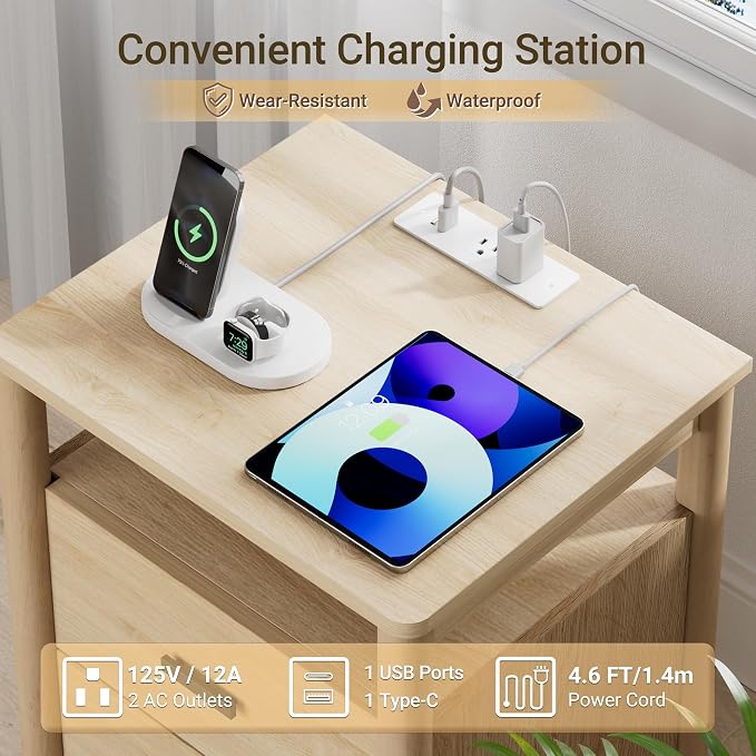 Night Stand with Charging Station, 2 Drawers End Table with Open Shelf - Image 4