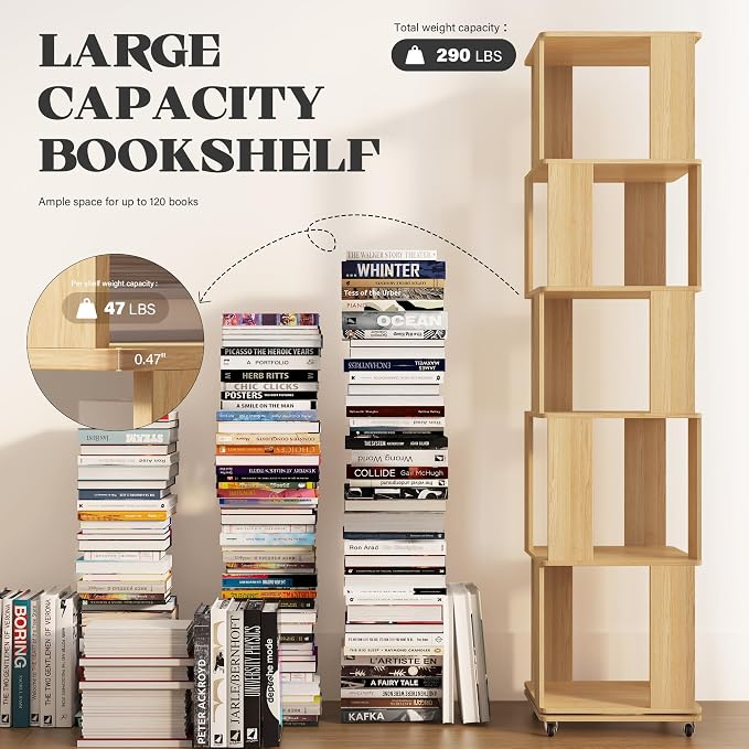 5 Tier Solid Wood Rotating Bookshelf Tower on Wheels, 360° Upgrade Spinning - Image 6