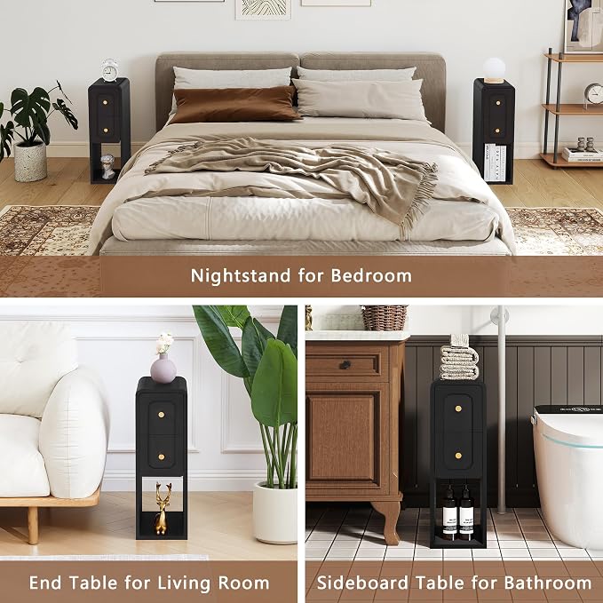 Small Nightstand Set of 2, Wooden Narrow Nightstands - Image 6